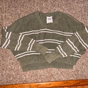 Aerie Sage Green Striped Crew Neck Crop Sweater, size Large